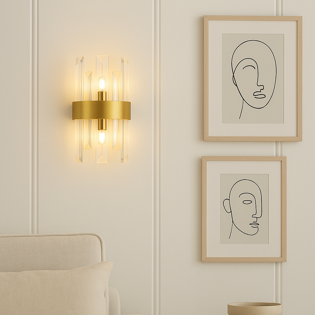 Brentwood gold wall light in Scandi living room