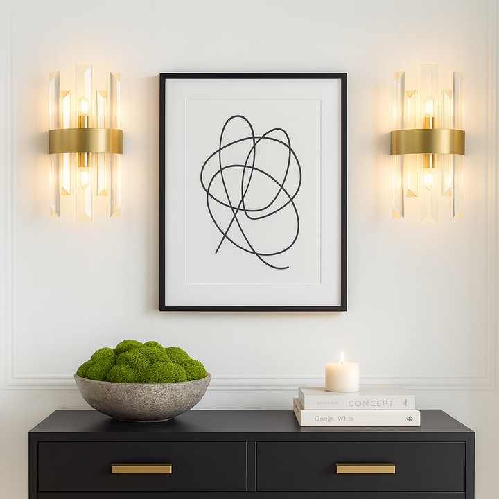 Brentwood gold wall lights in hallway above black console table