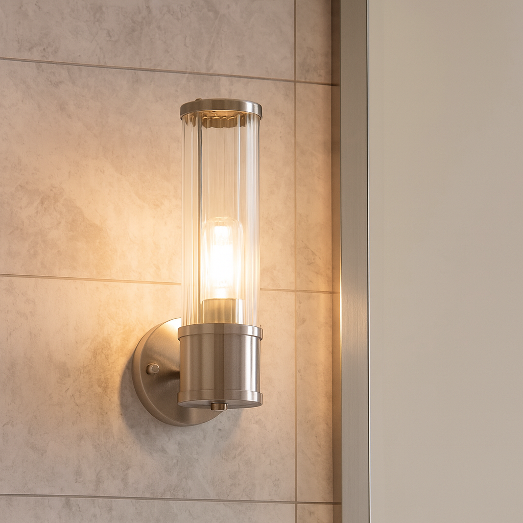 Brushed nickel bathroom wall light with ribbed glass shade mounted on luxury marble wall.