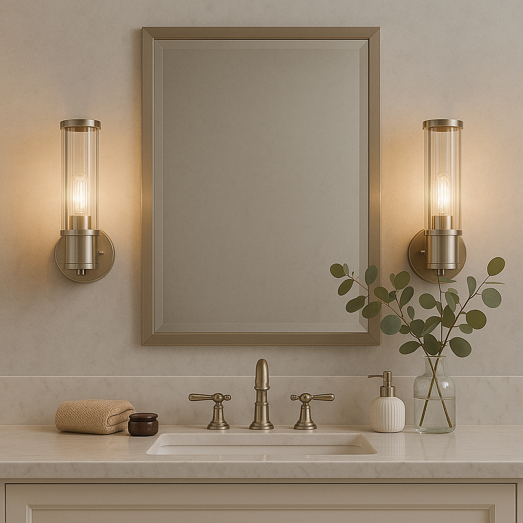 Brushed nickel ribbed glass bathroom wall lights with mirror and sink