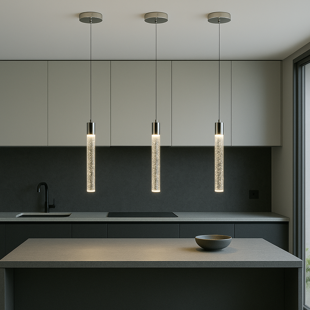 Modern kitchen with three bubble glass pendant bar lights above island