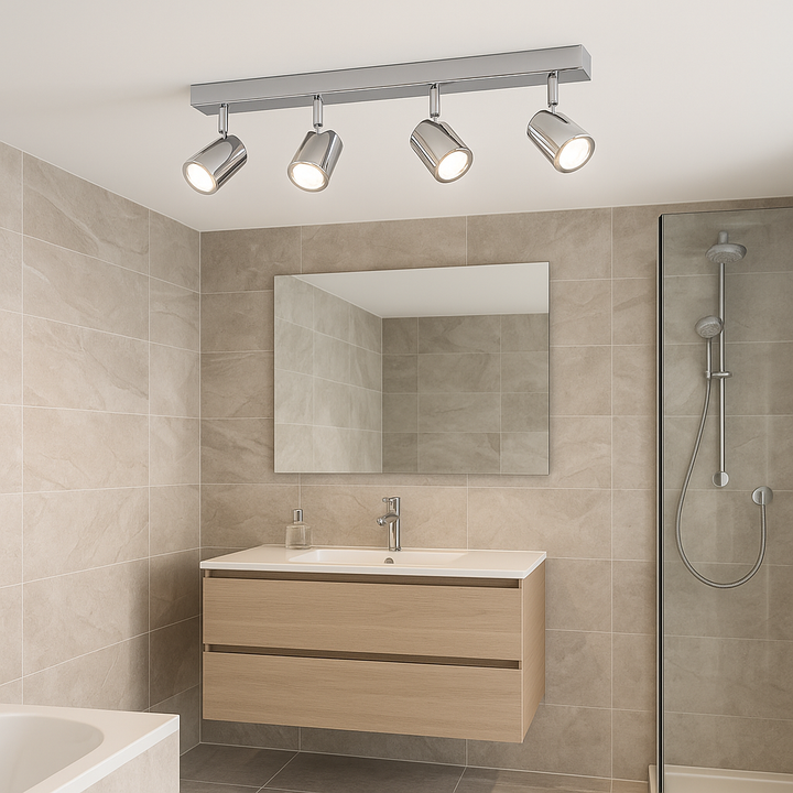 Bunbury 4 light chrome bathroom ceiling spotlight bar in modern bathroom setting.