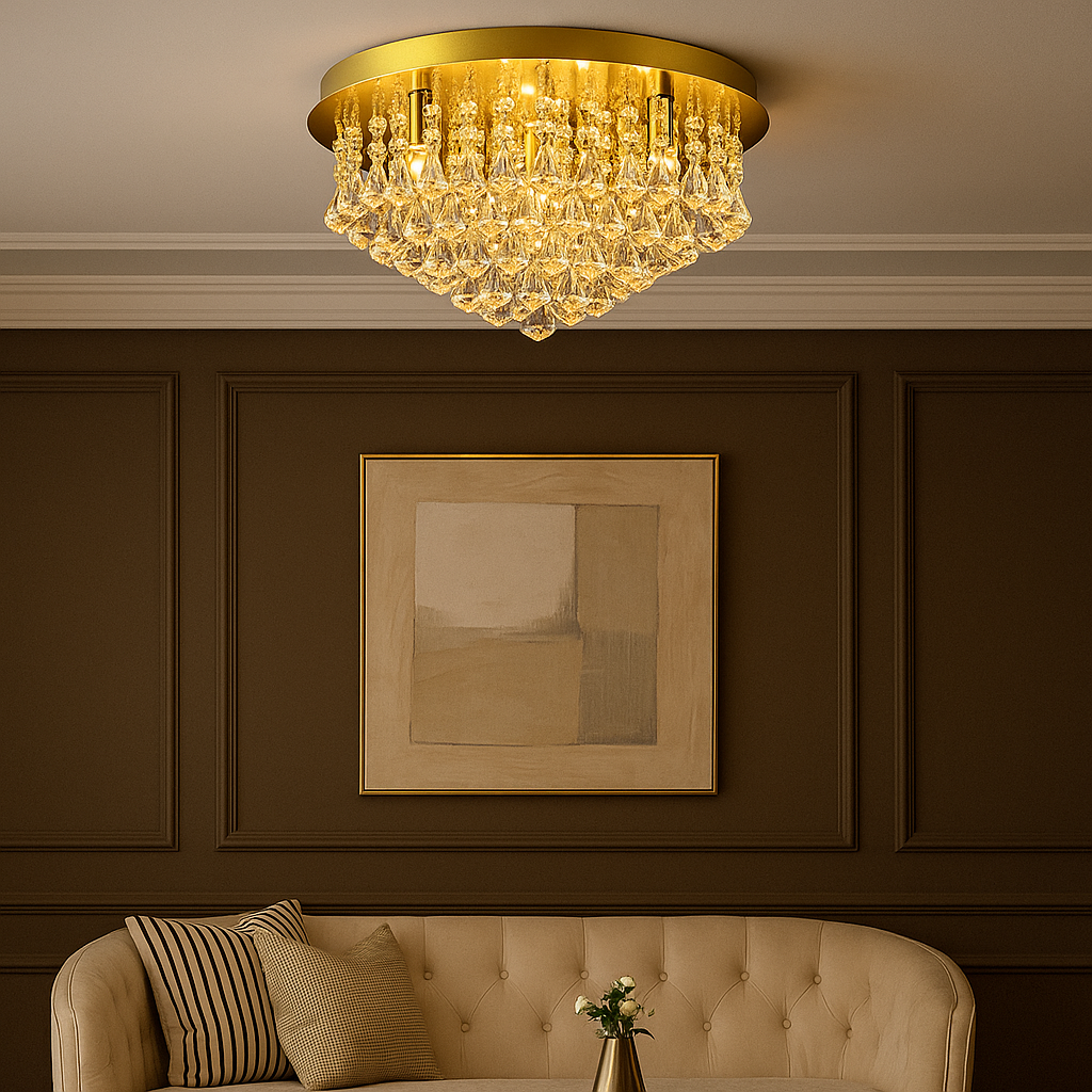 Luxury living room with the Cairns Large Flush Gold Crystal Ceiling Light, 60cm wide and 25cm drop, styled above a cream sofa with modern wall art.