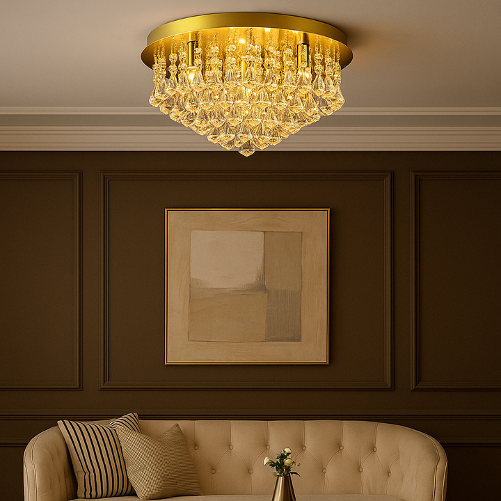 Luxury living room with the Cairns Large Flush Gold Crystal Ceiling Light, 60cm wide and 25cm drop, styled above a cream sofa with modern wall art.