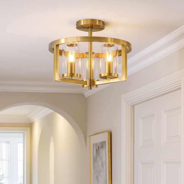 Caria bronze flush ceiling light with clear glass shades in a luxury hallway, styled with archway, artwork, and soft neutral décor.