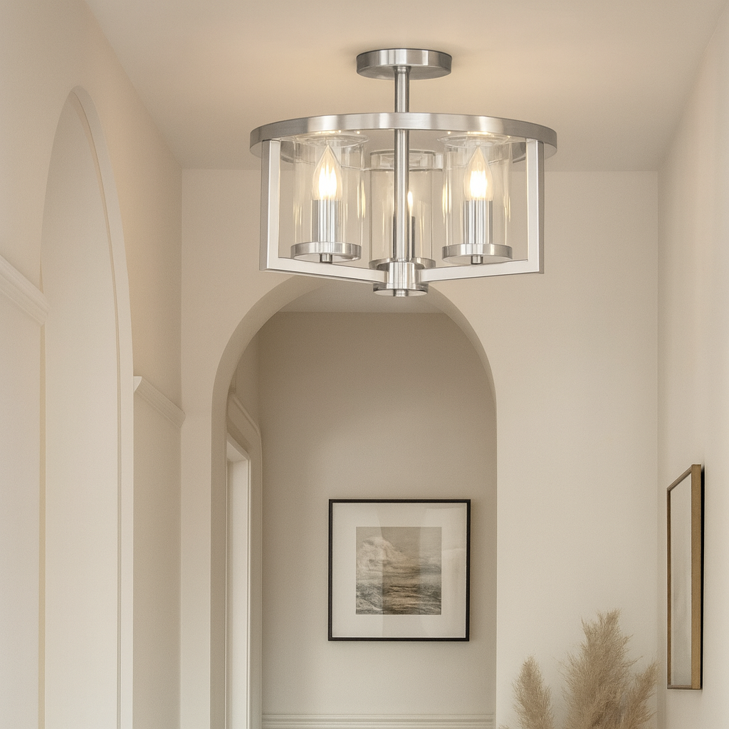 Caria satin silver flush ceiling light with clear glass shades in a luxury hallway, styled with arched doorway, artwork, and neutral décor.