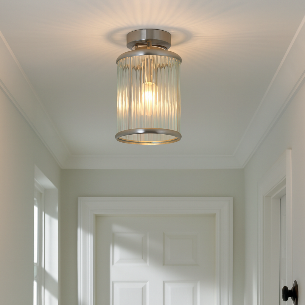 Carlton ribbed glass ceiling light satin silver