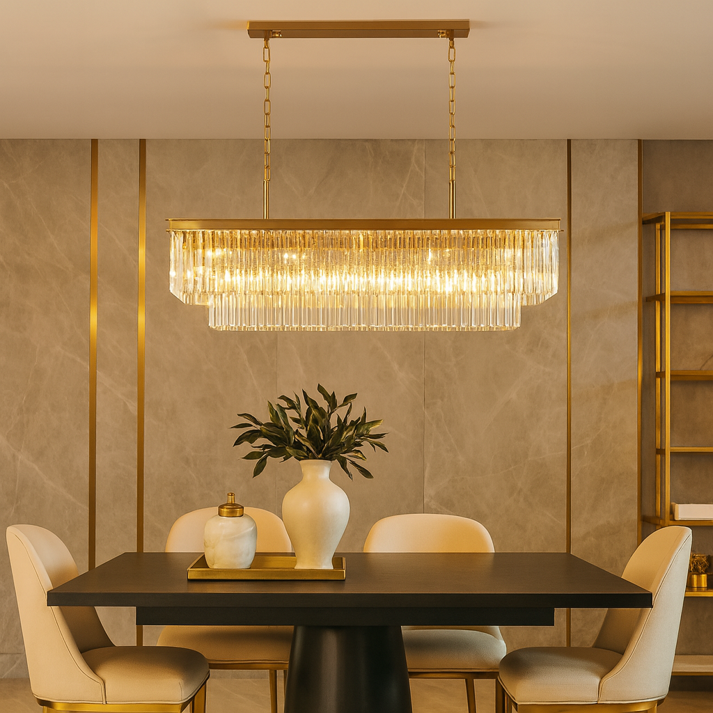 High-end luxury dining room with Carolina gold rectangular crystal pendant bar light attached to ceiling above a black dining table with cream chairs and gold accents