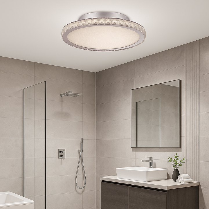 Charleville large crystal flush bathroom ceiling light in modern luxury bathroom, IP44 rated