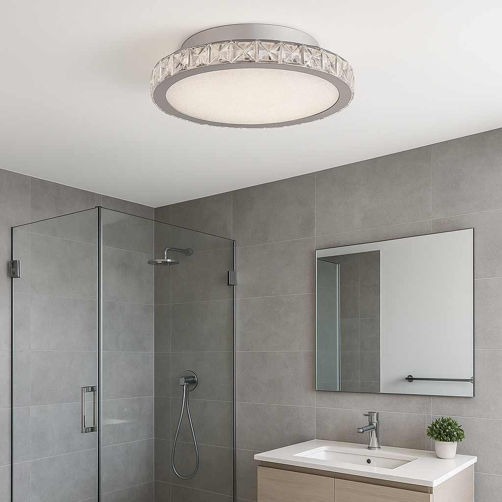 Charleville large crystal flush ceiling light in a modern bathroom with glass shower and vanity unit.