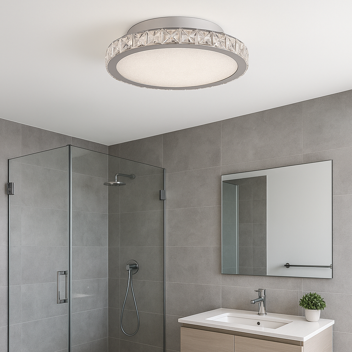 Charleville large crystal flush ceiling light in a modern bathroom with glass shower and vanity unit.