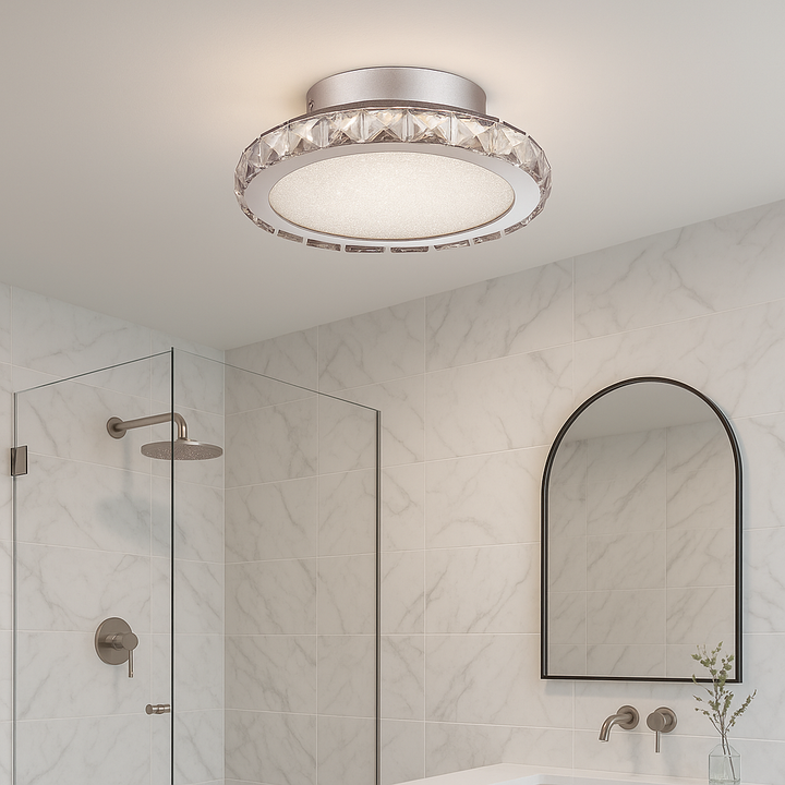 Charleville small crystal flush ceiling light in bright luxury bathroom