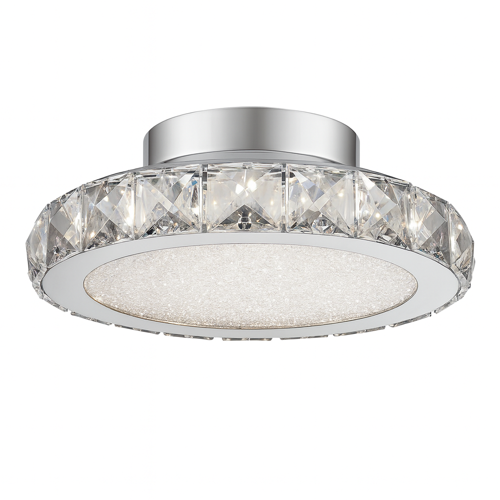 Charleville small crystal flush ceiling light with polished chrome plate and luxury crystal rim on white background