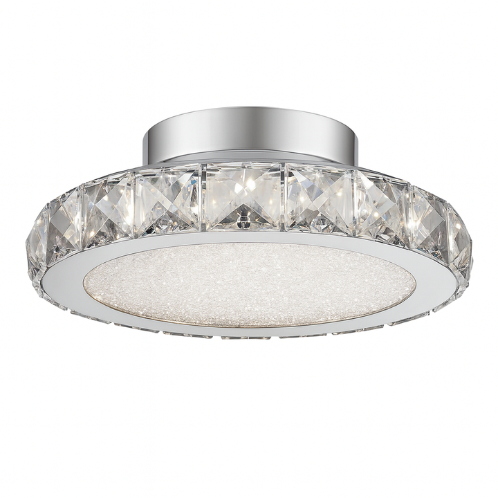 Charleville small crystal flush ceiling light with polished chrome plate and luxury crystal rim on white background
