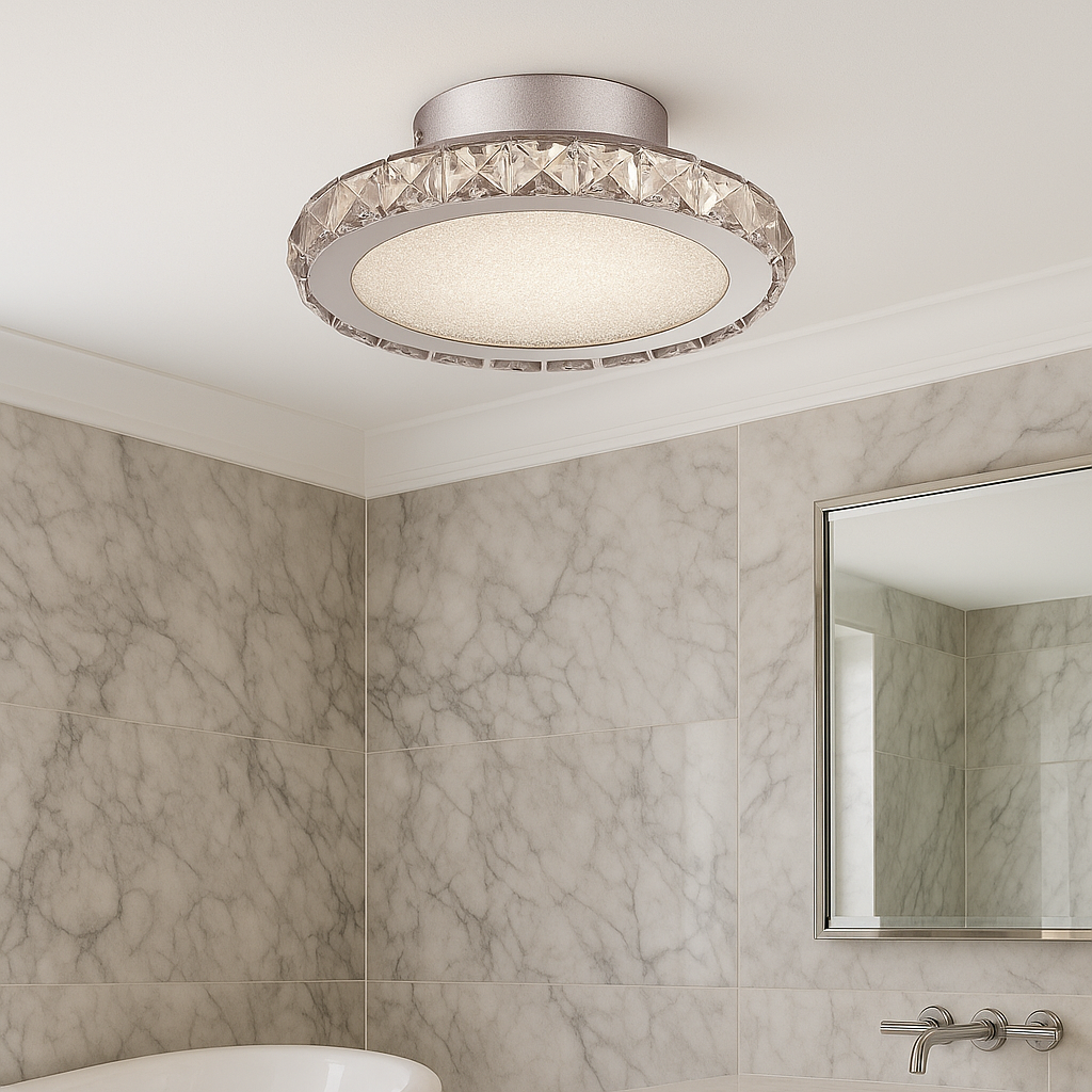Charleville small crystal flush light in a luxury marble bathroom with white ceiling