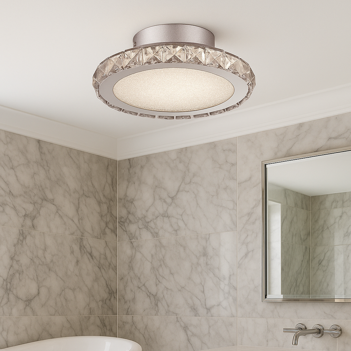 Charleville small crystal flush light in a luxury marble bathroom with white ceiling