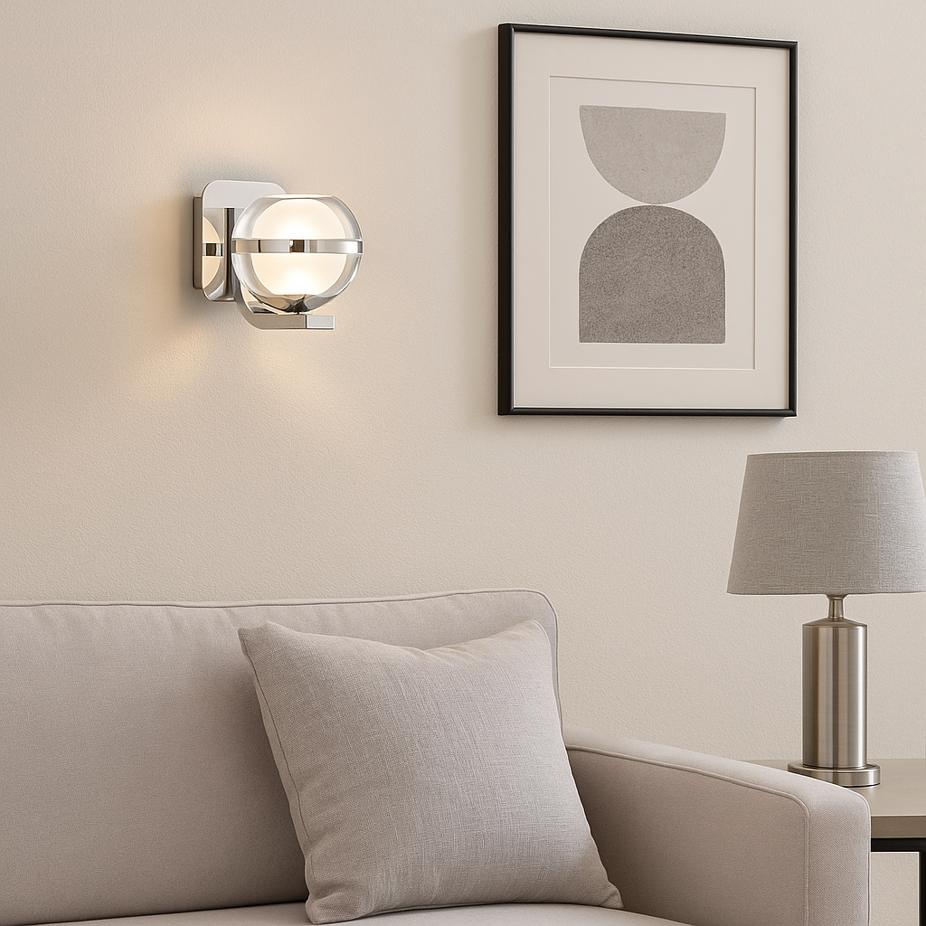 Modern chrome wall light with glass globe styled in a neutral living room with silver accents and minimalist décor
