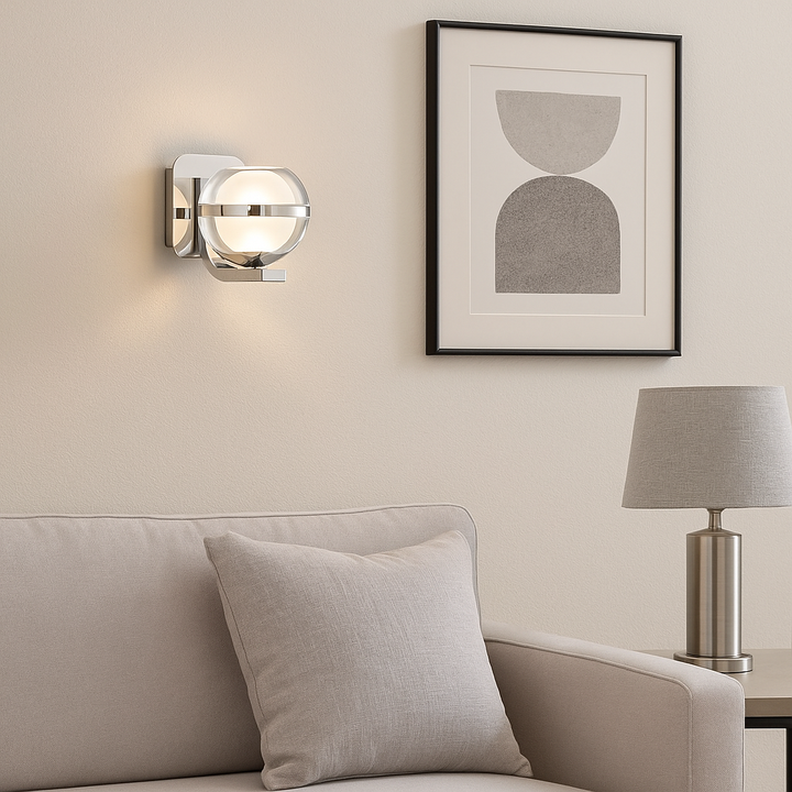 Modern chrome wall light with glass globe styled in a neutral living room with silver accents and minimalist décor