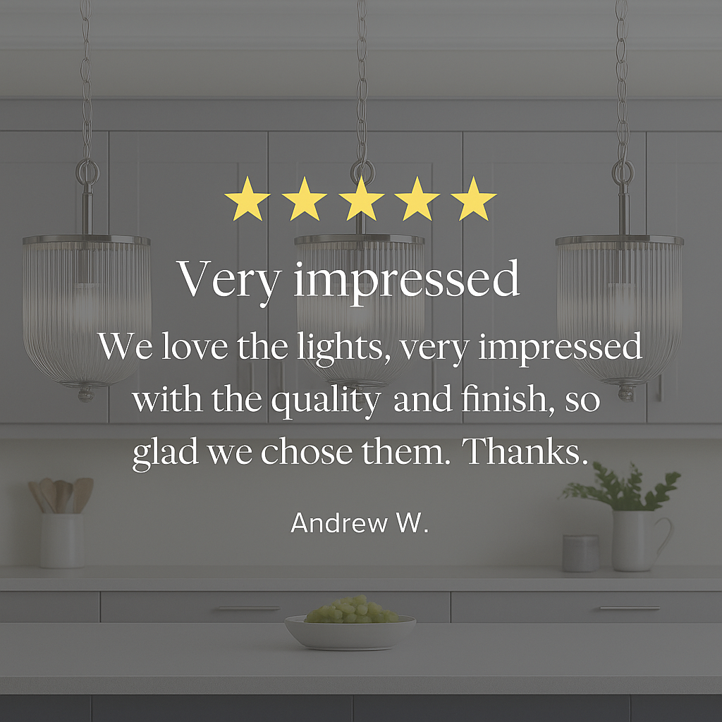 Chrome ribbed glass pendant lights with five-star customer review quote overlay
