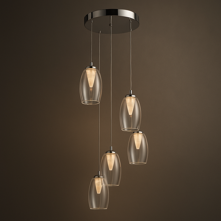 Clear 5 light spiral pendant with polished chrome ceiling plate