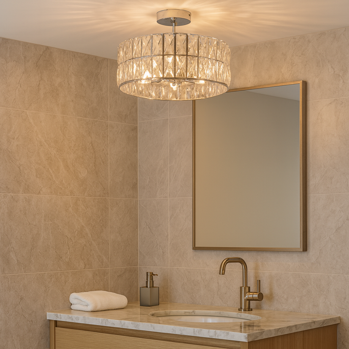 Luxury crystal drum flush ceiling light with chrome frame in a modern bathroom, 45cm wide and 25cm drop.