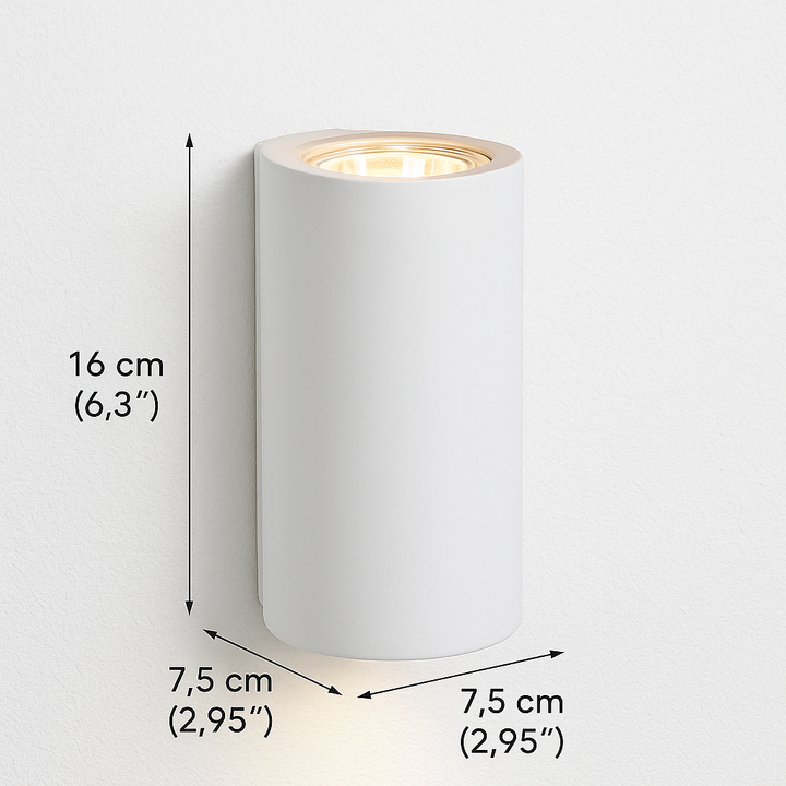 Denham cylindrical white wall light with dimensions