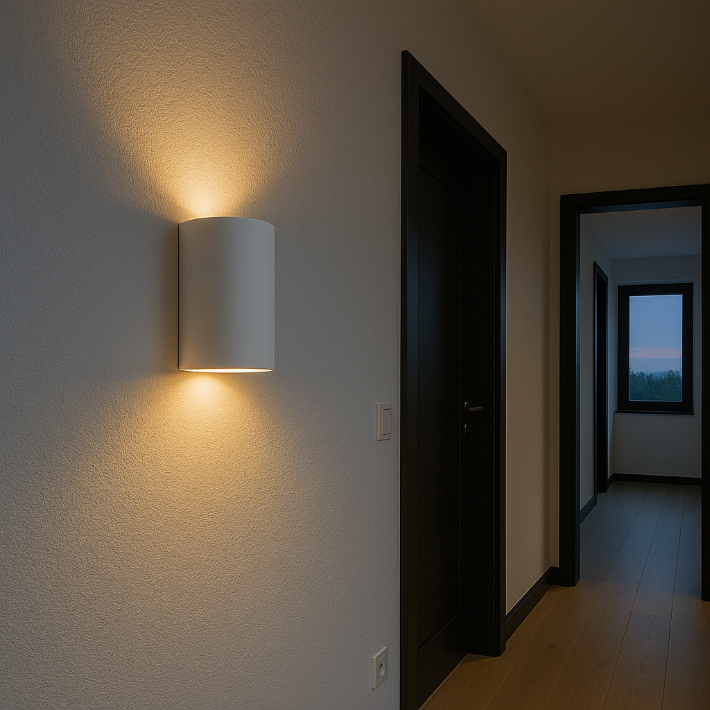 Modern hallway with a white cylindrical wall light glowing up and down