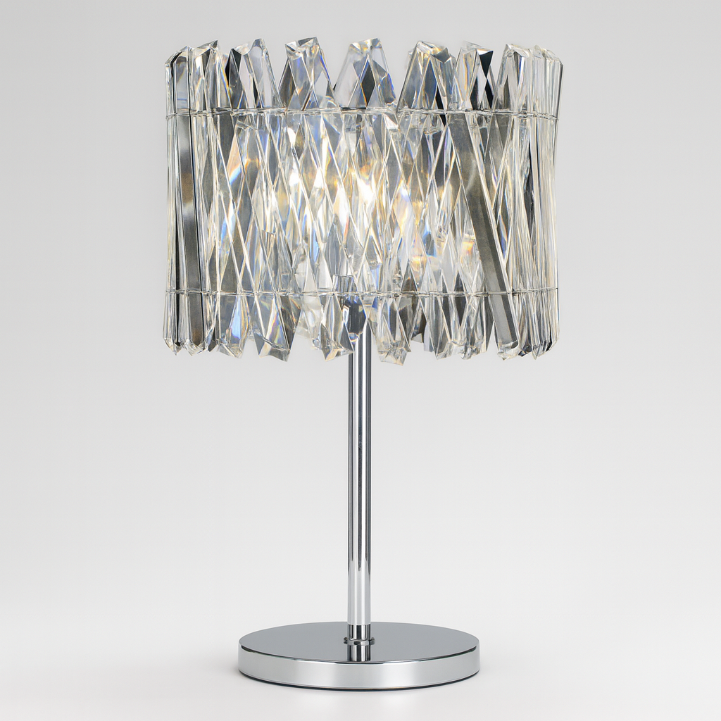 Devonport crystal table lamp with faceted crystal shade and chrome base