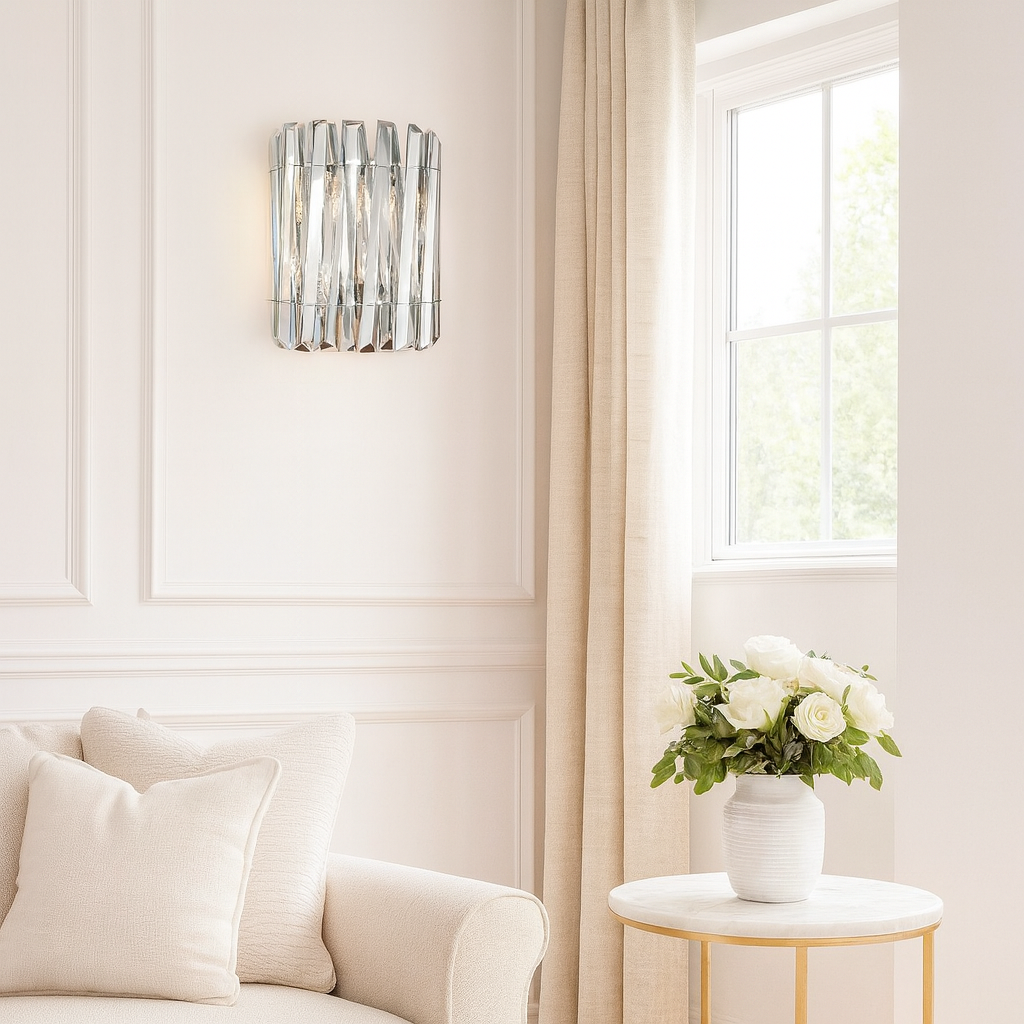 Devonport smoked wall light in luxury living room with white walls and neutral décor