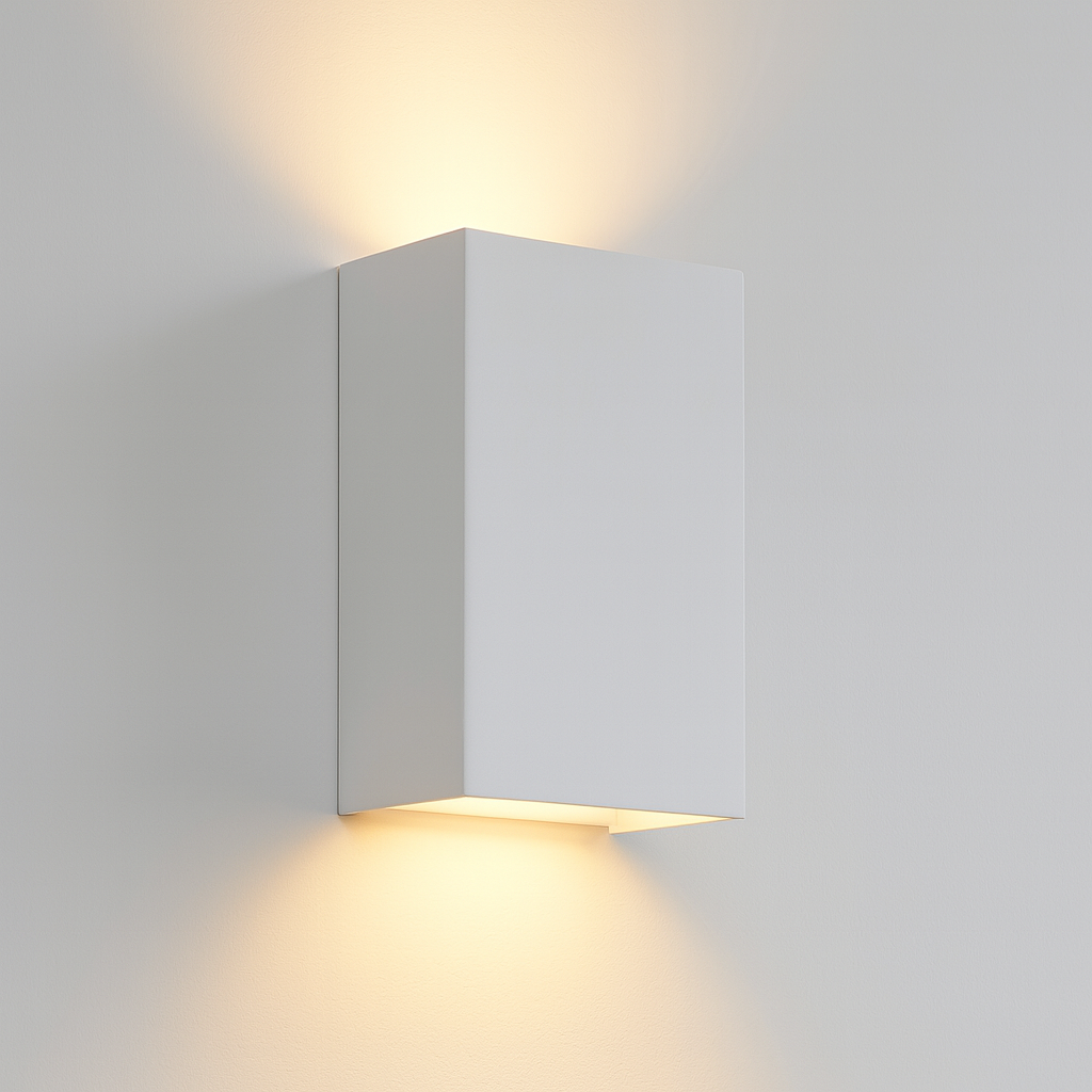 Dover white ceramic wall light with up and down warm glow on a white wall, modern rectangular design