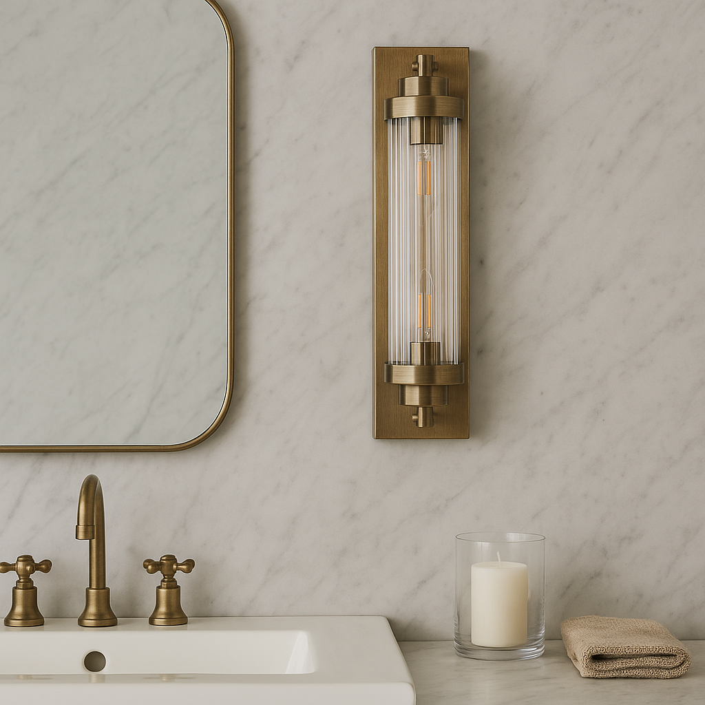 Edith bronze bathroom wall light with matching bronze mirror