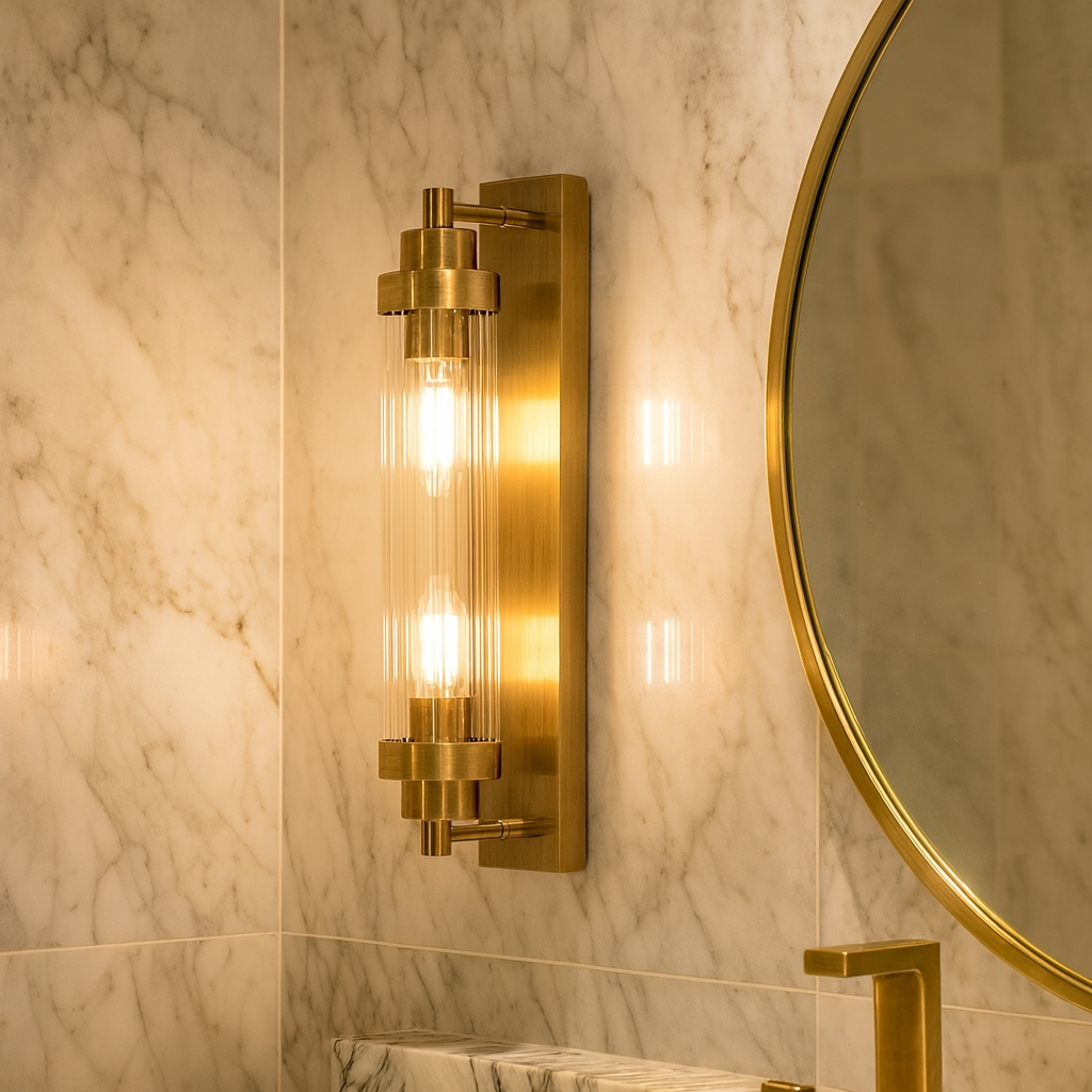 Edith bronze bathroom wall light with ribbed glass shade on marble wall – luxury modern bathroom lighting fixture.