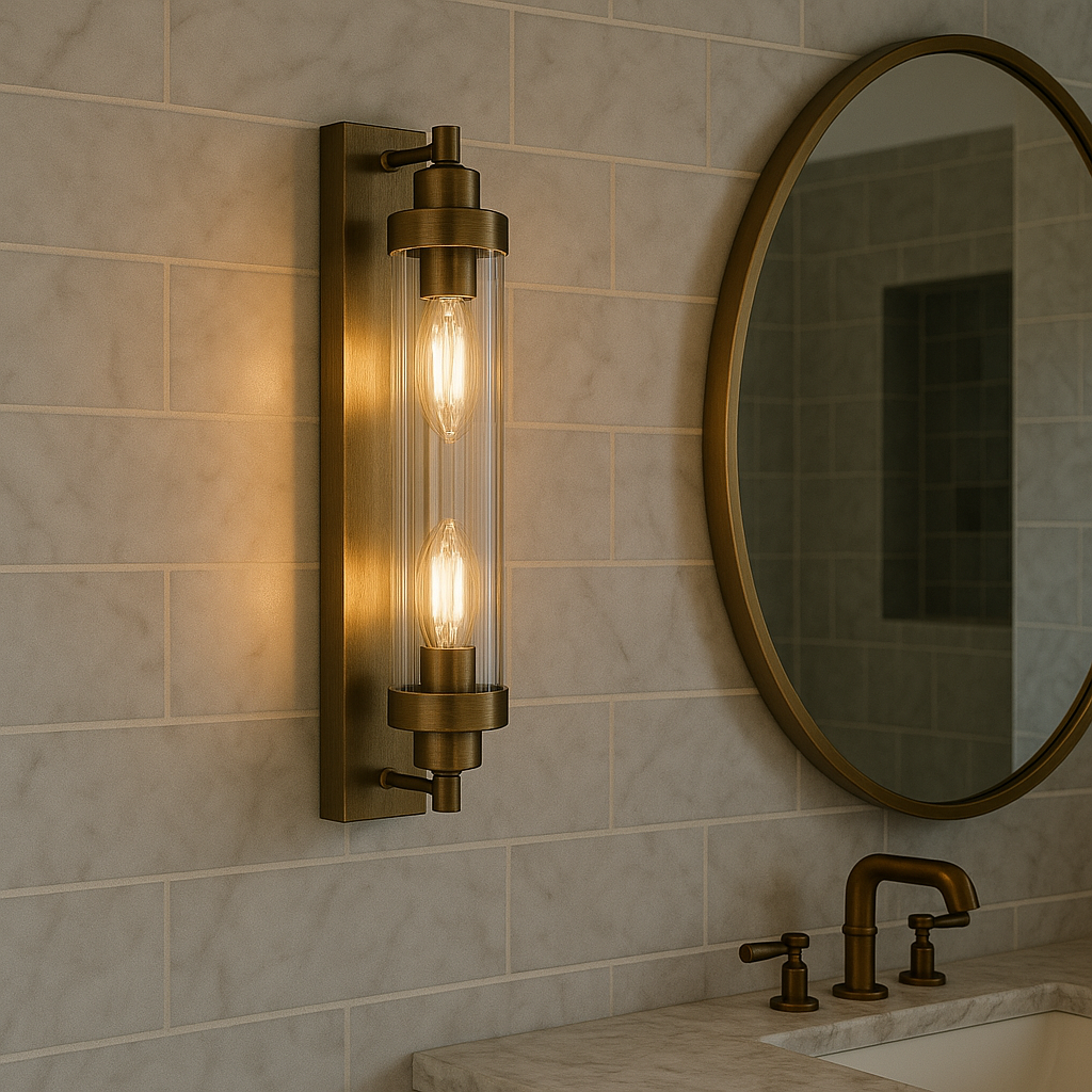 Edith bronze bathroom wall light with ribbed glass shade beside matching bronze tap and round mirror in luxury bathroom.