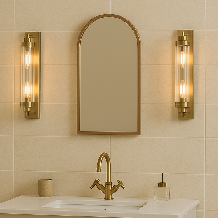 Pair of Edith bronze bathroom wall lights with ribbed glass shades beside a matching bronze framed mirror and tap in a luxury bathroom.