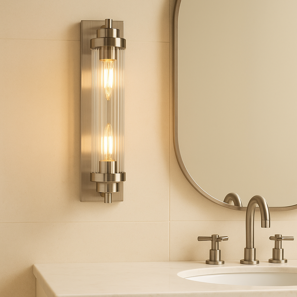 Edith silver bathroom wall light with ribbed glass shade mounted beside mirror on cream natural tiles in a luxury bathroom.