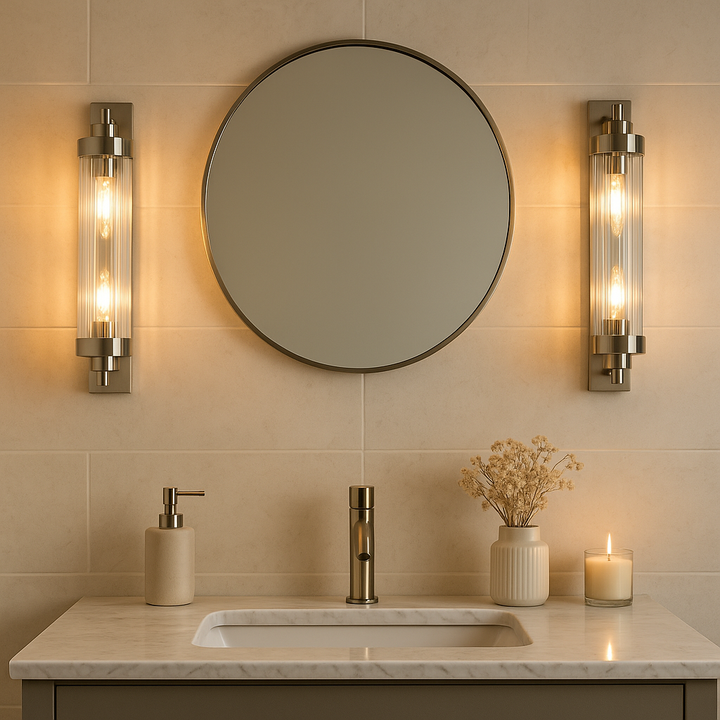 Pair of Edith silver bathroom wall lights with ribbed glass shades beside round mirror, styled with minimal luxury accessories on marble vanity.