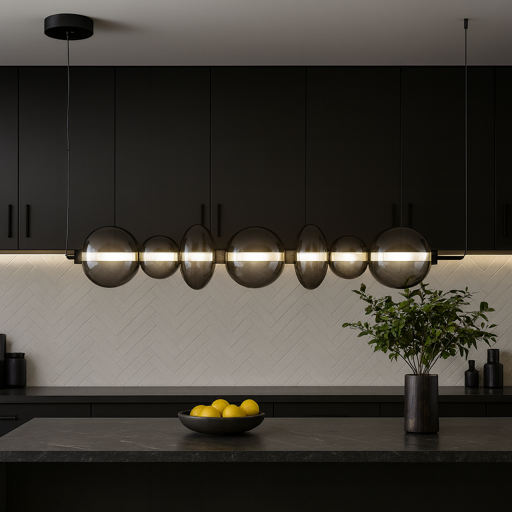 Europa Lighting black glass pendant bar light hanging in a modern kitchen with black accents and wide marble island