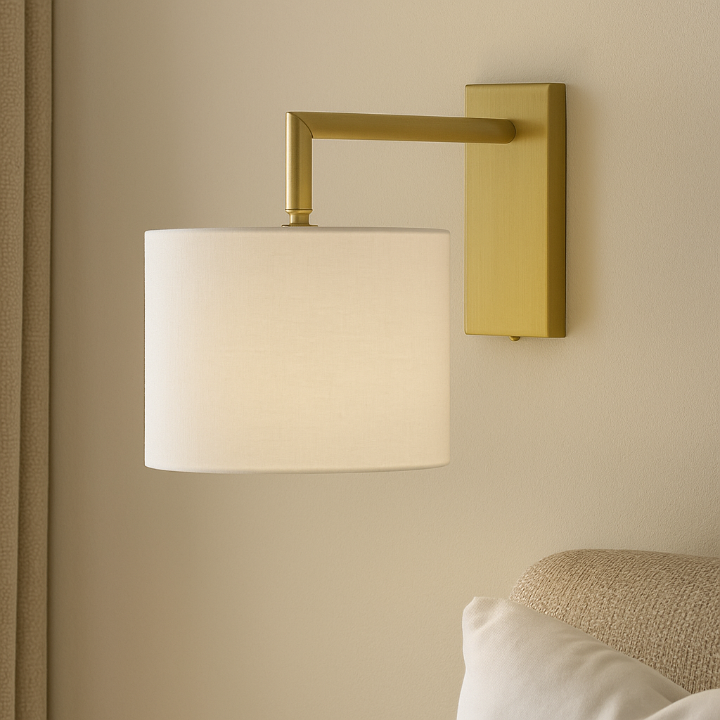 Close-up lifestyle image of the Fairview gold wall light with a 25cm white fabric shade, mounted on a neutral wall above a cushioned headboard