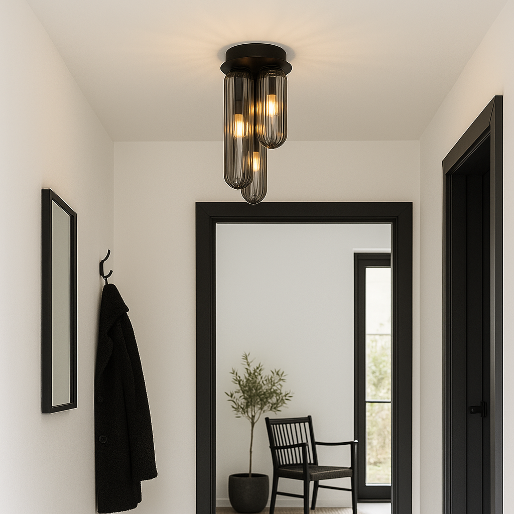 Florence flush ceiling light with smoked ribbed glass shades and black frame styled in a modern Nordic hallway with white ceiling and black accents