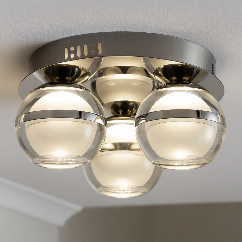 Modern silver flush ceiling light with three glass globes mounted on a circular metal base, styled in a contemporary interior.