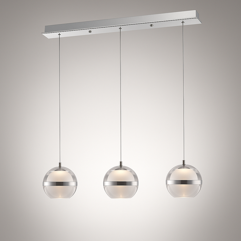 Forbes silver 3 light pendant bar with glass globes on shaded background.