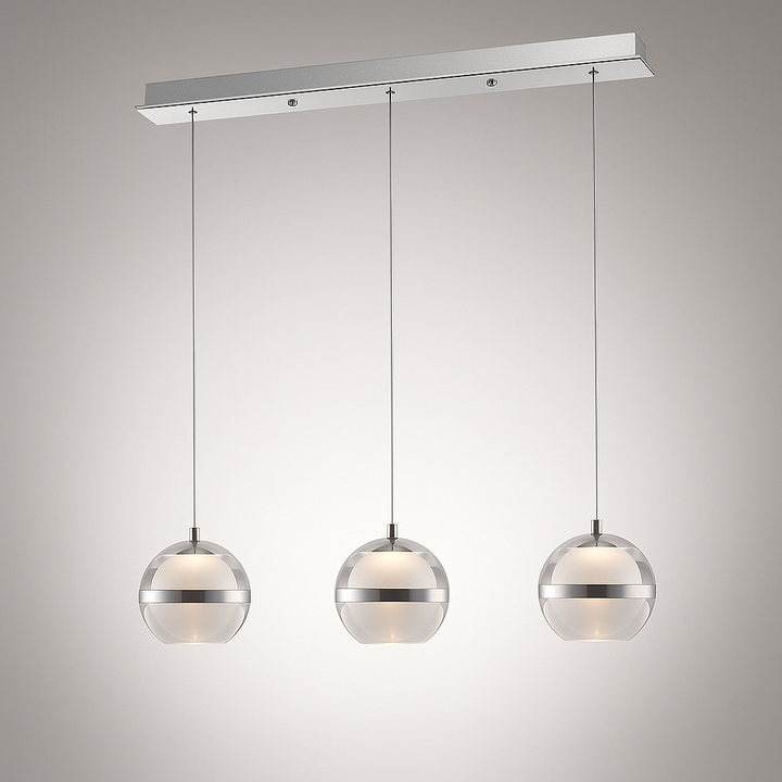 Forbes silver 3 light pendant bar with glass globes on shaded background.