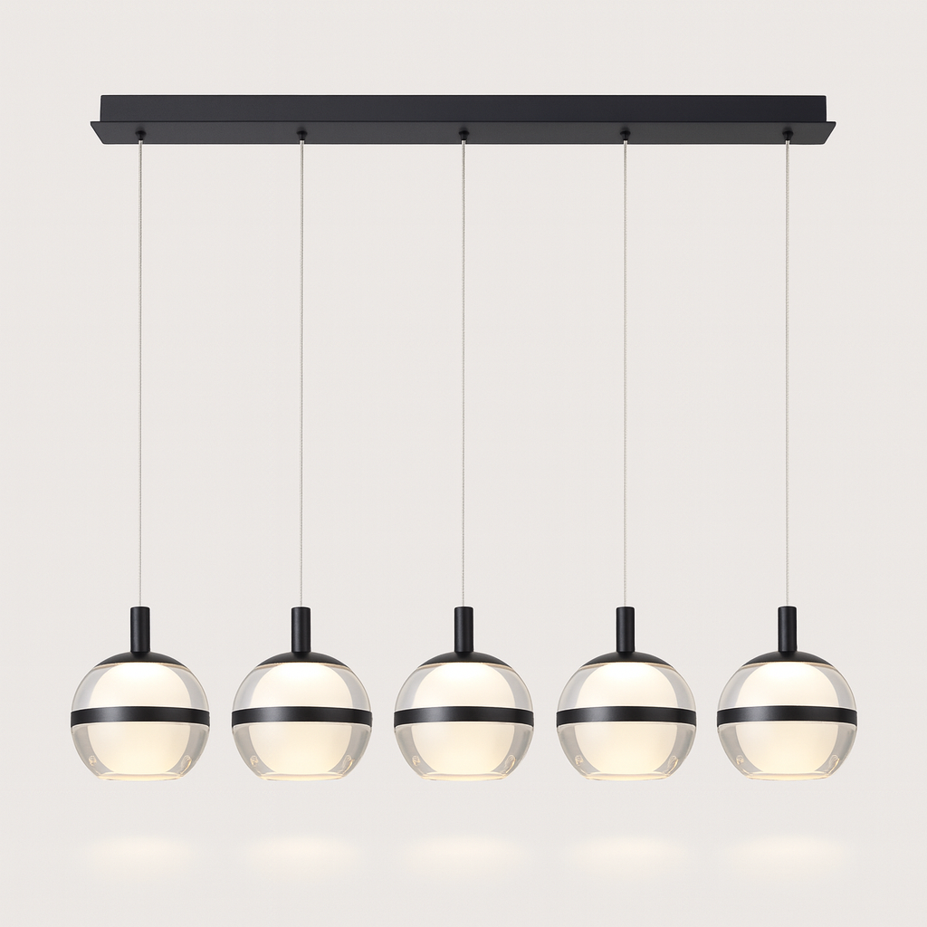 Forbes black 5 light pendant bar with glass globes.