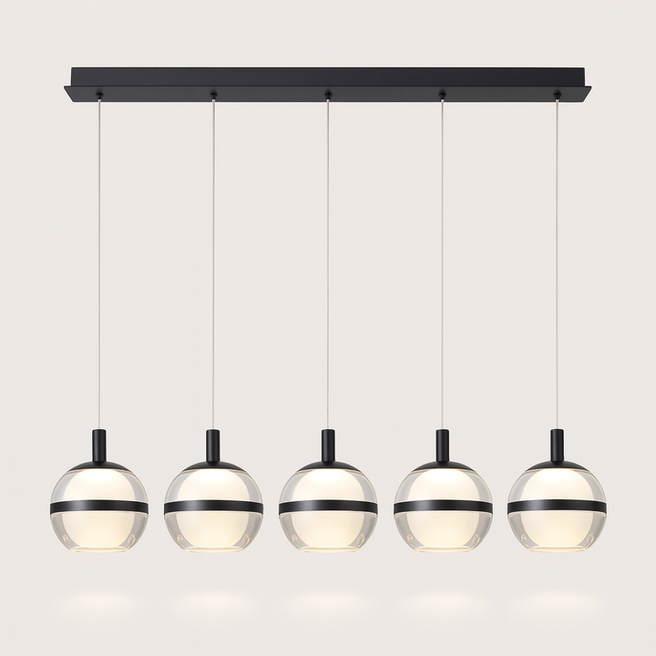 Forbes black 5 light pendant bar with glass globes.