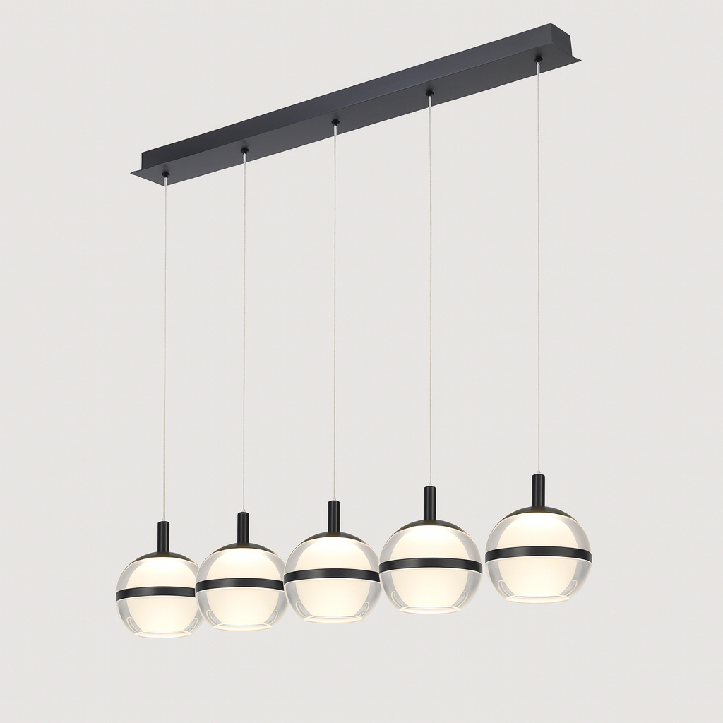 Forbes black 5 light pendant bar with glass globes