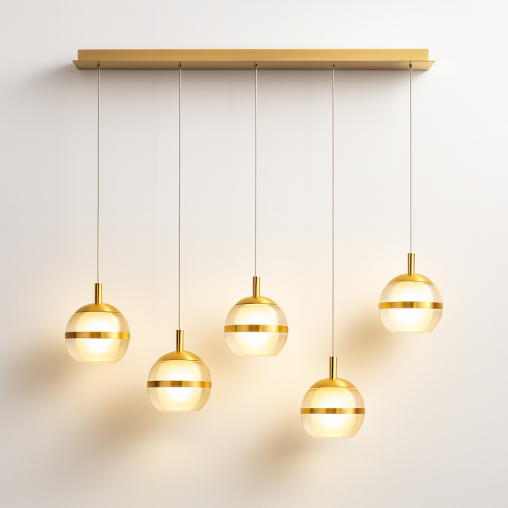 Forbes gold 5 light pendant bar with glass globes.