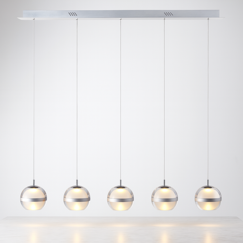 Forbes 5 Light Pendant Bar in silver with five glass globes, shown on a white background