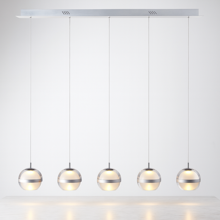 Forbes 5 Light Pendant Bar in silver with five glass globes, shown on a white background
