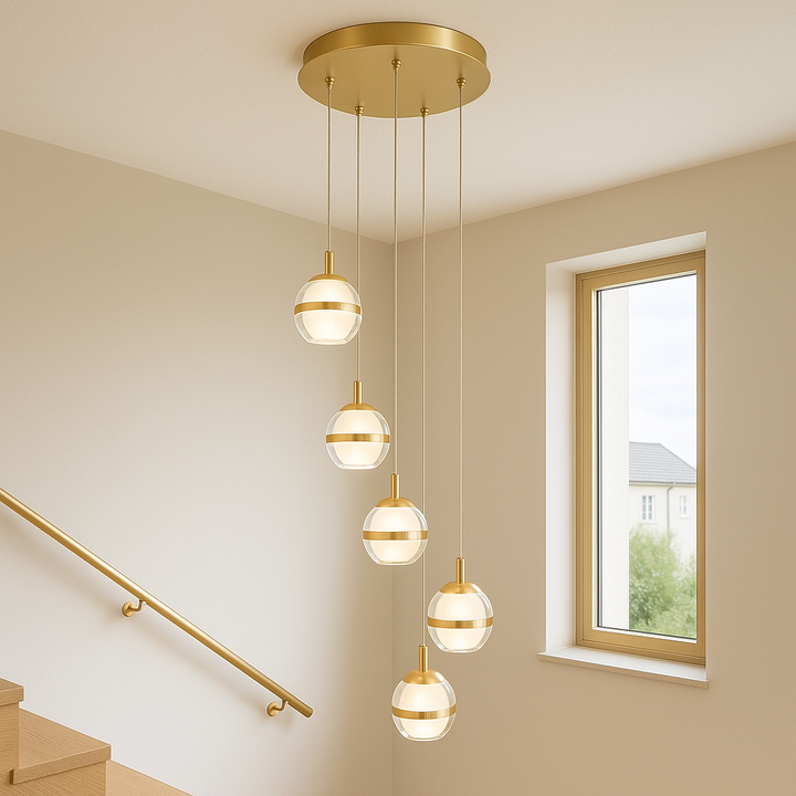 Forbes gold 5 light pendant over staircase