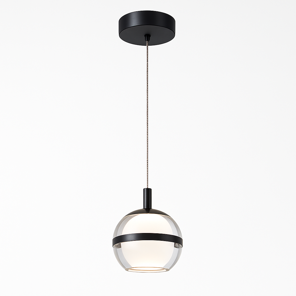 Forbes Single Black pendant light with clear glass globe and black band, suspended on a braided silver cable against a white background